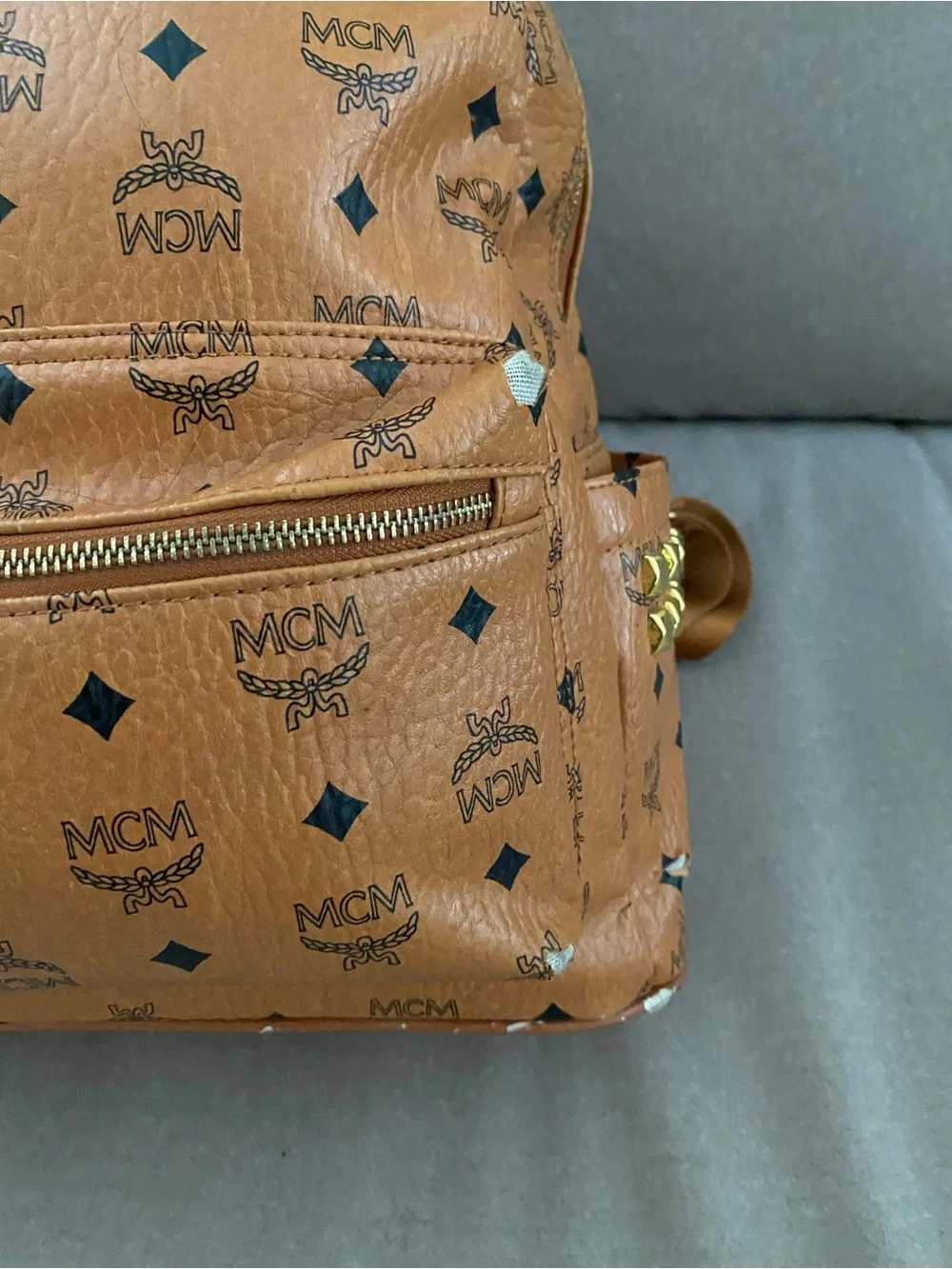 MCM Brown Visetos Logo Backpack with Gold Hardware